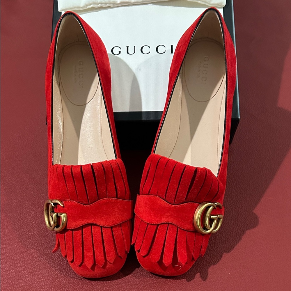 Gucci Red Fringe Suede Loafers with Gold Hardware